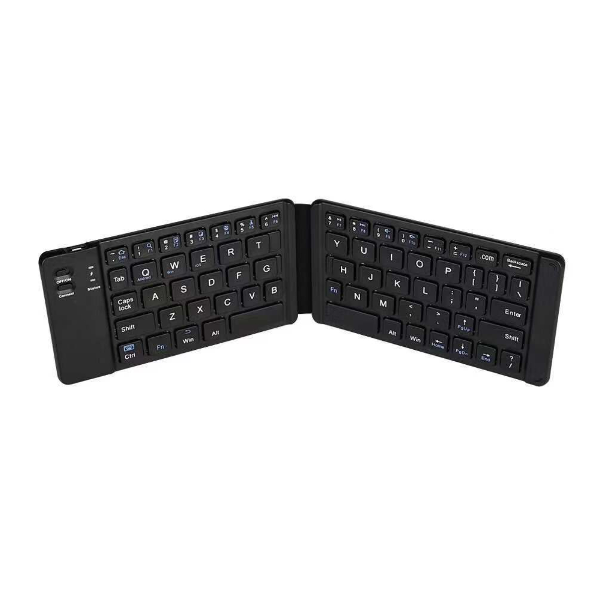 Schwarze, faltbare Tastatur, geöffnet und einsatzbereit. Tasten sind schwarz mit weißen Buchstaben. Weißer Hintergrund.
