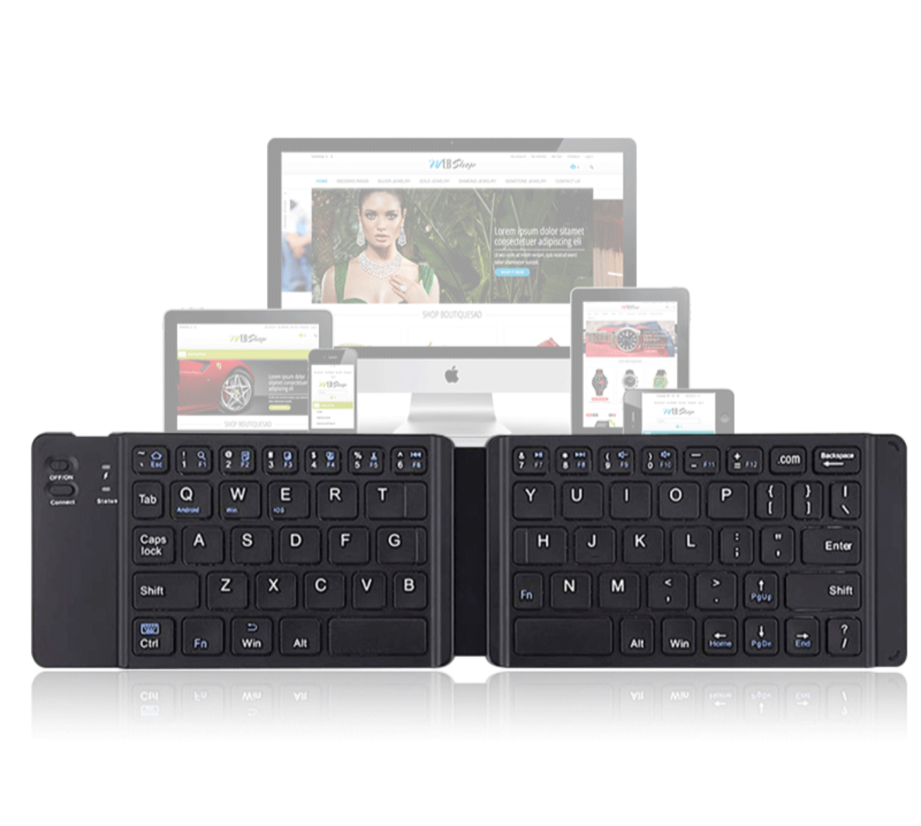 Eine schwarze Falt-Tastatur mit einem Tablet und einem Computer im Hintergrund. Die Tastatur ist geöffnet.