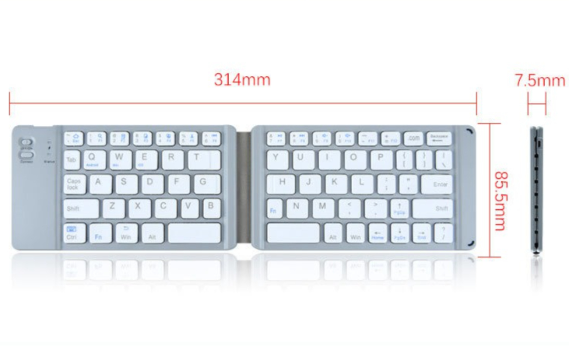 Eine silberne, faltbare Tastatur mit beschrifteten Abmessungen. Sie ist geöffnet und Tasten sind sichtbar.