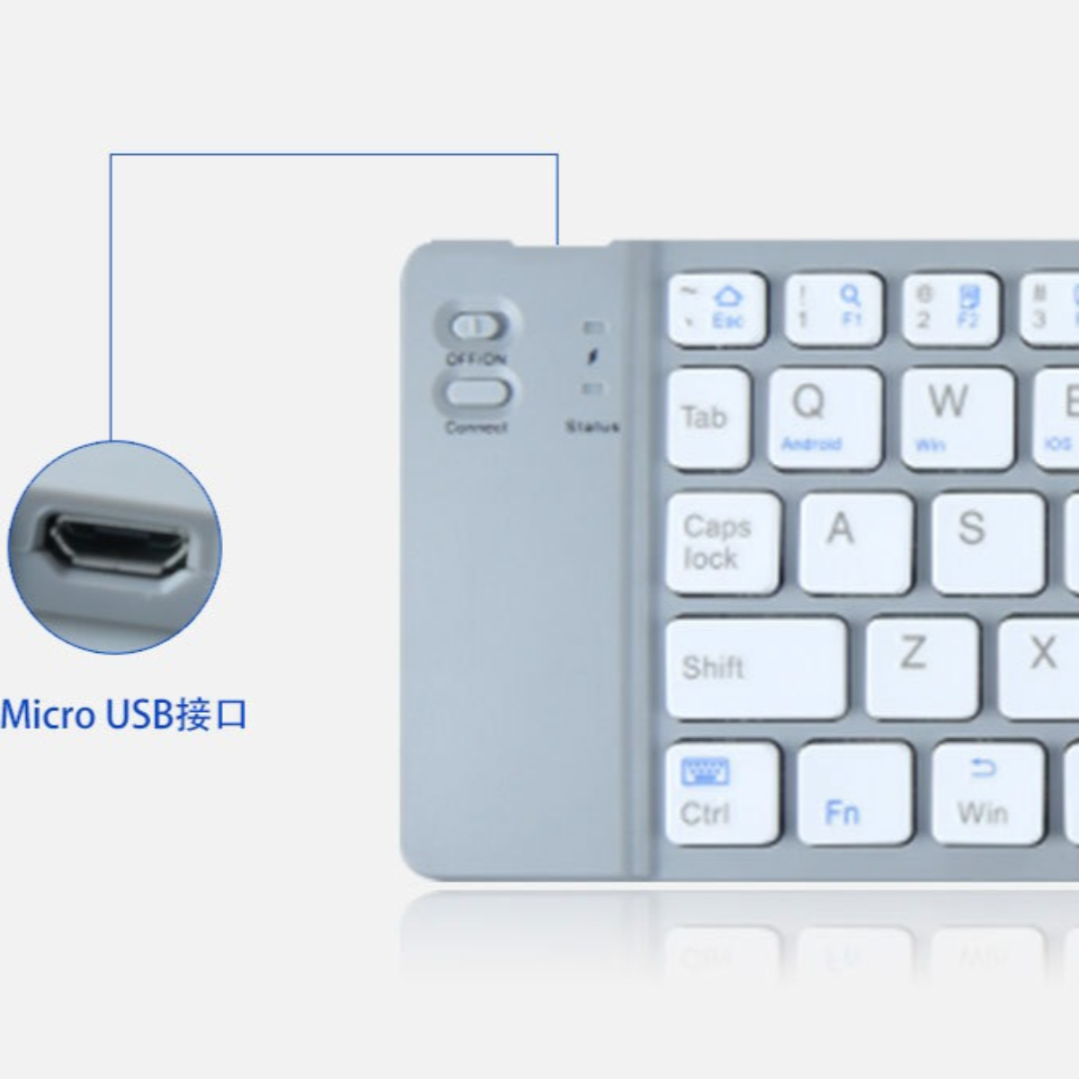 Eine kleine, graue, kabellose Tastatur. Zeigt die Tasten 'Ein/Aus', 'Verbinden' und 'Status'. Micro-USB-Anschluss.