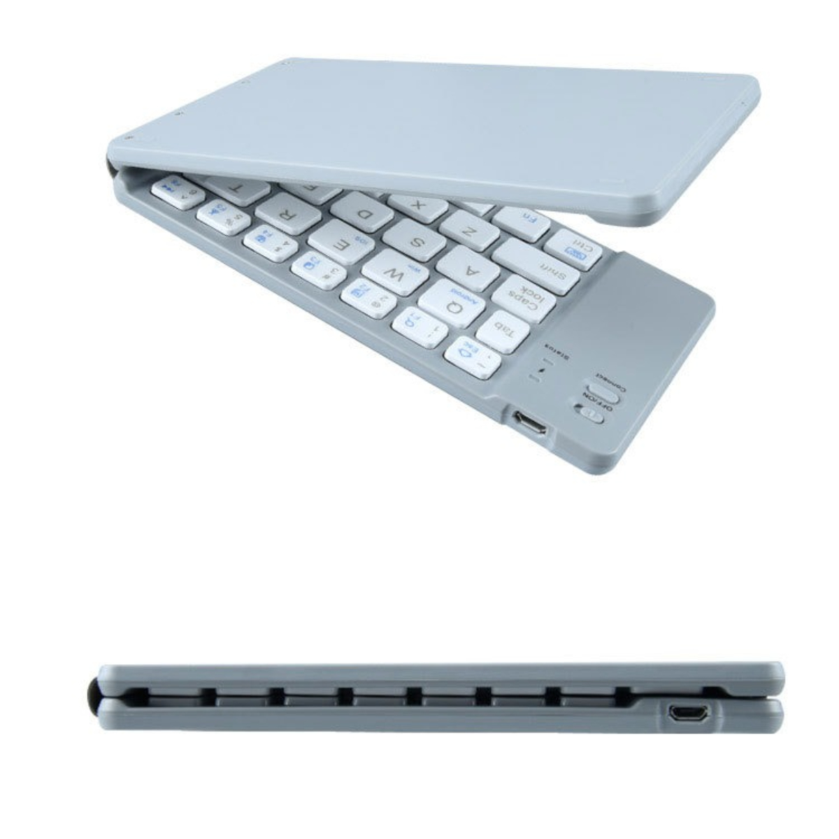 Eine graue, faltbare Tastatur mit geschlossenem Deckel und offener Tastatur. Weiße Tasten mit Buchstaben.