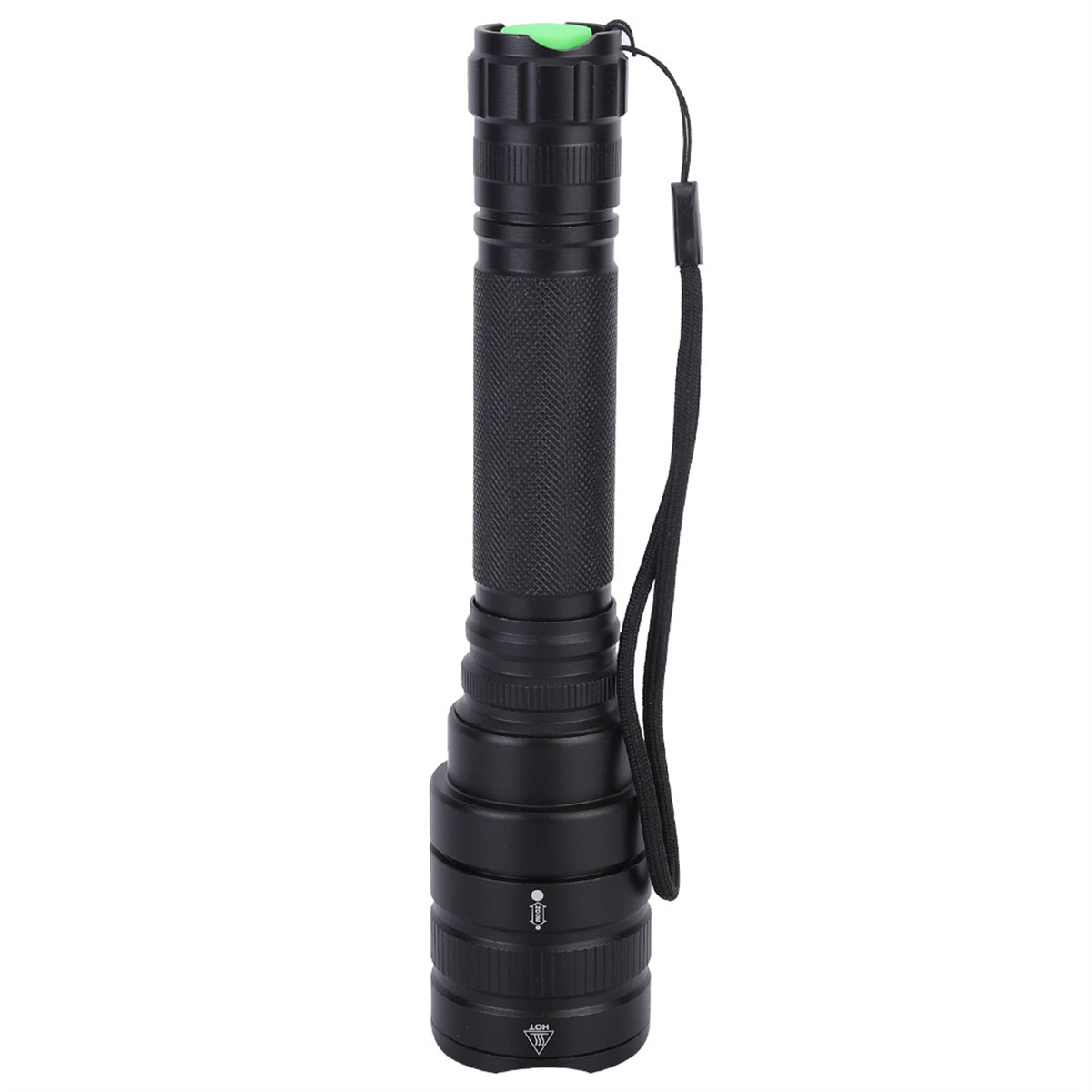 Schwarze Taschenlampe mit grünem Einschaltknopf und Handschlaufe.