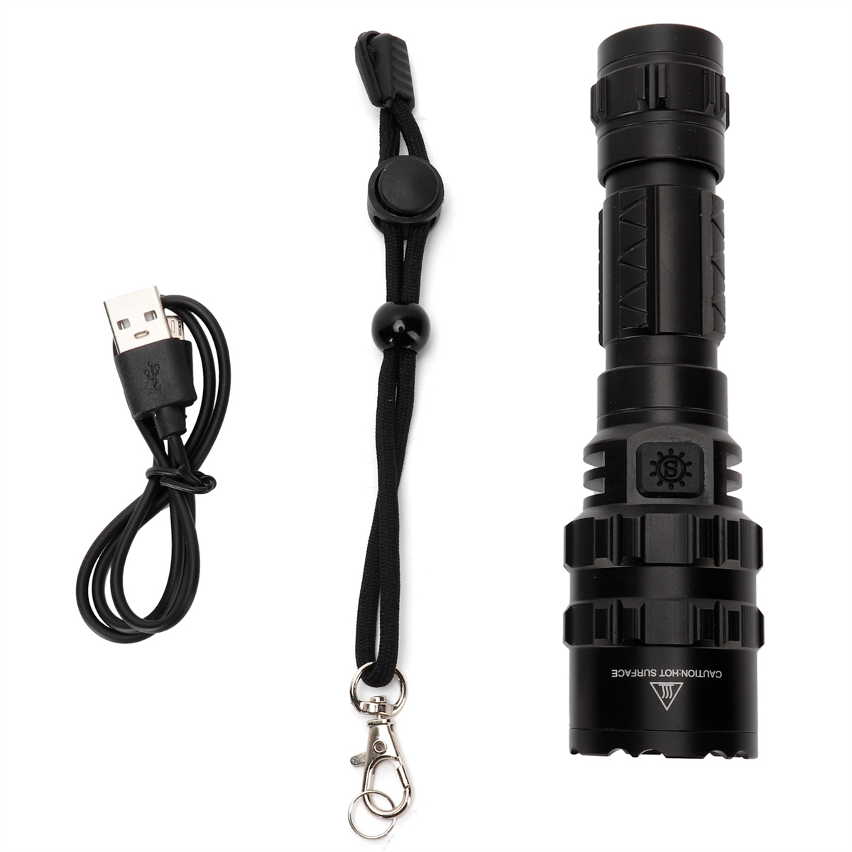 Schwarze Taschenlampe, USB-Kabel und Schlüsselband mit schwarzem Verschluss, weißer Hintergrund.