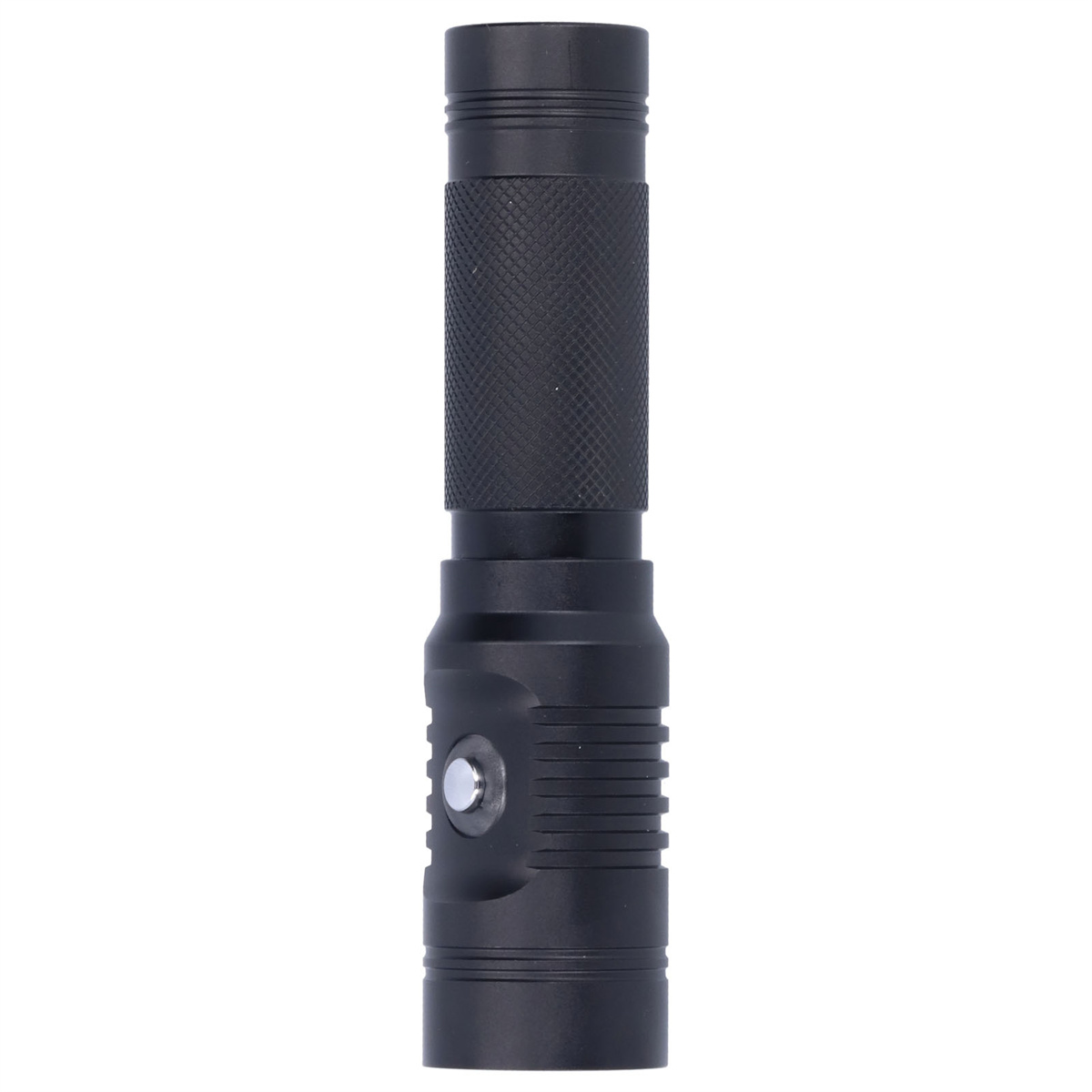 Schwarze Taschenlampe mit strukturiertem Griff und silbernem Knopf.