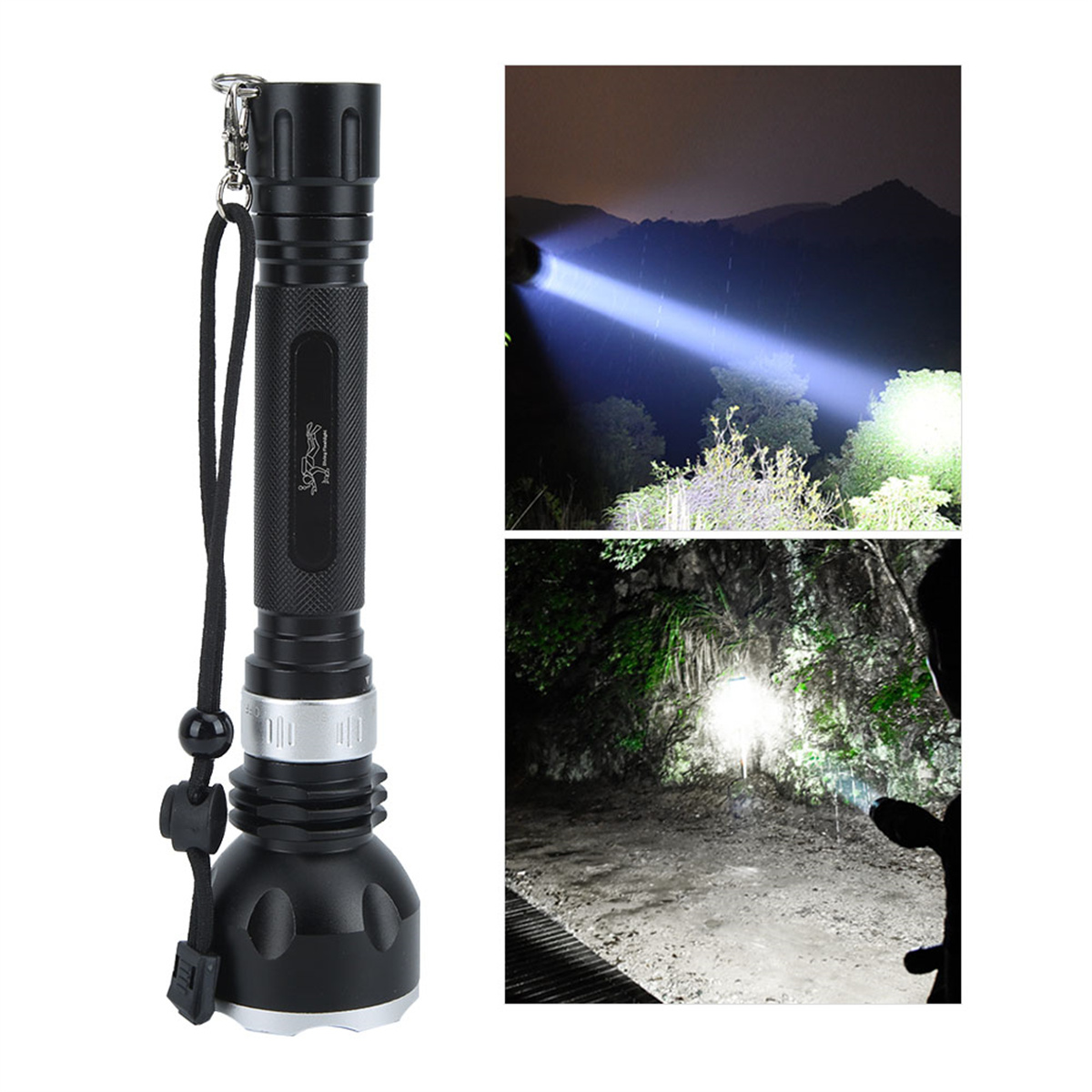 Schwarze Taschenlampe und zwei Bilder, die den Lichtstrahl in dunkler Umgebung zeigen.