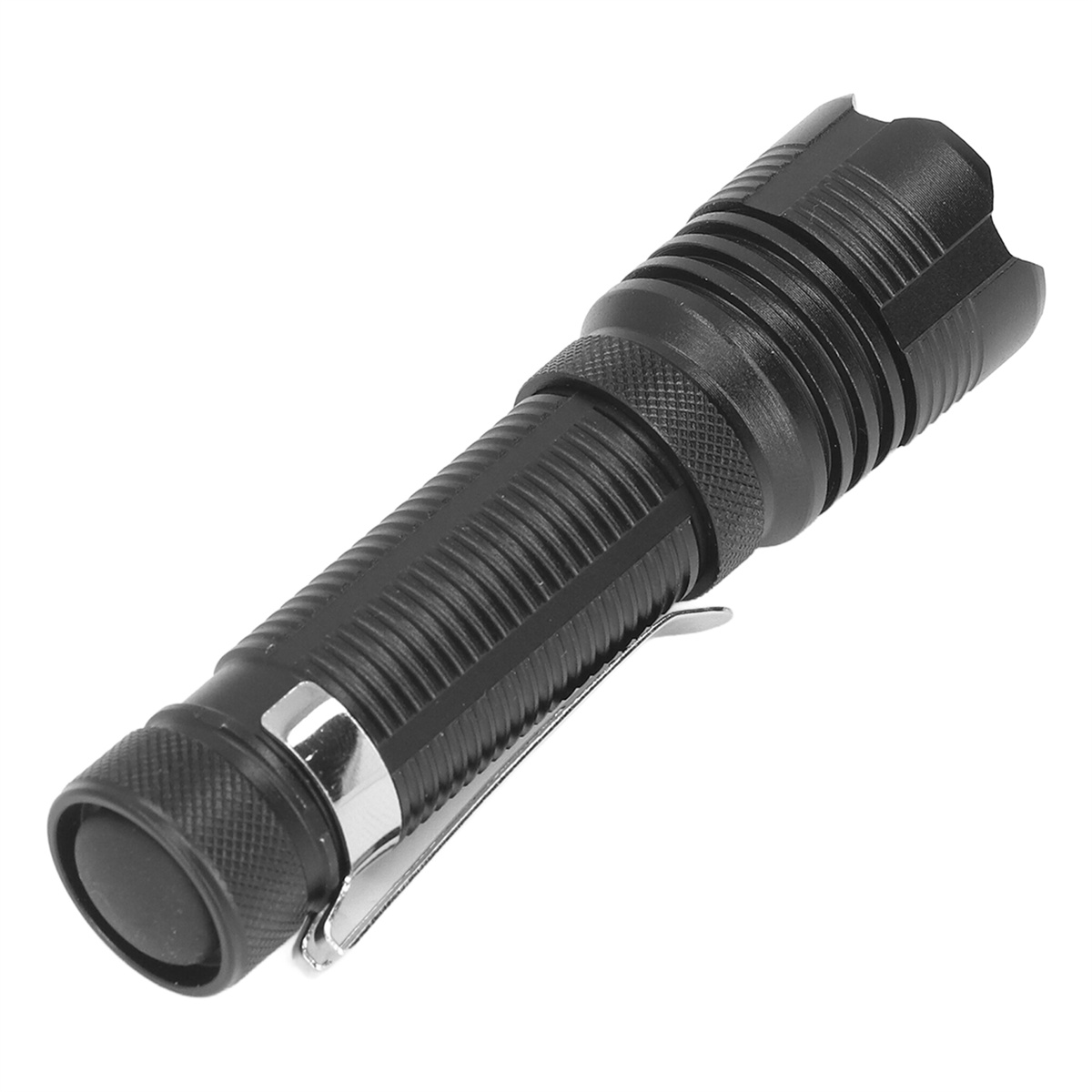 Schwarze Taschenlampe mit Taschenclip. Die Taschenlampe ist zylindrisch und hat einen strukturierten Griff.