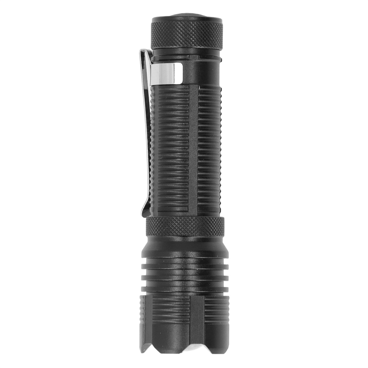 Eine schwarze Taschenlampe mit silbernem Clip. Sie ist zylindrisch mit Rillen und strukturiertem Griff.