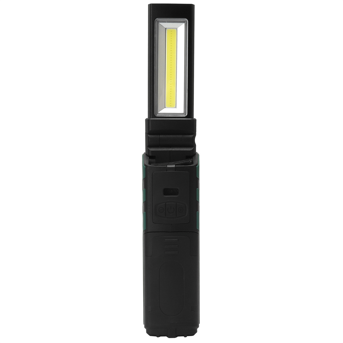 Schwarze und grüne rechteckige LED-Arbeitsleuchte, gefaltet. Weißer Hintergrund.