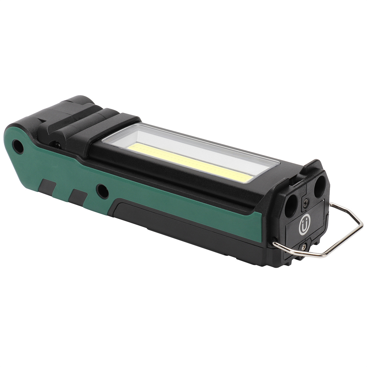 Schwarze und grüne LED-Arbeitsleuchte. Sie hat ein weißes Lichtpaneel und einen Griff.