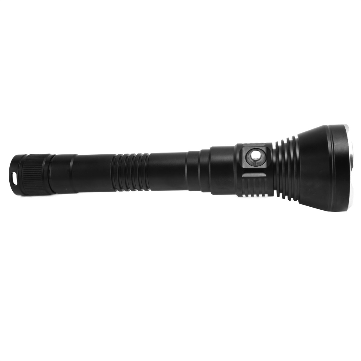 Schwarze Taschenlampe, zylindrische Form, mit geriffeltem Griff und Frontlinse.