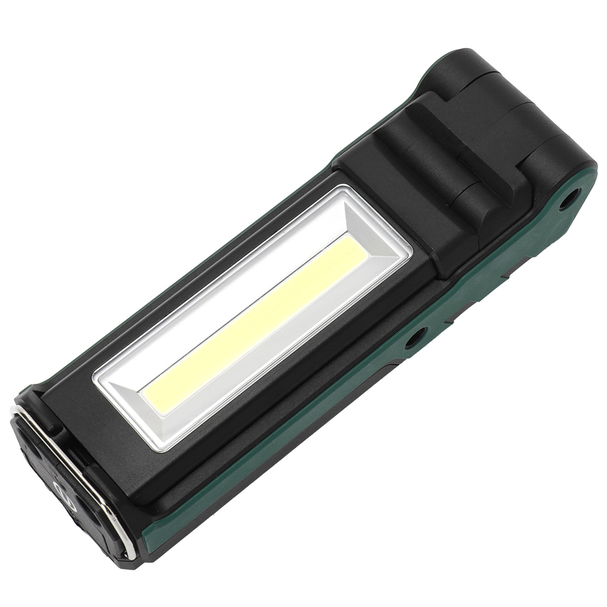 Schwarze und grüne Arbeitsleuchte. Rechteckige Form mit weißem Lichtpaneel.