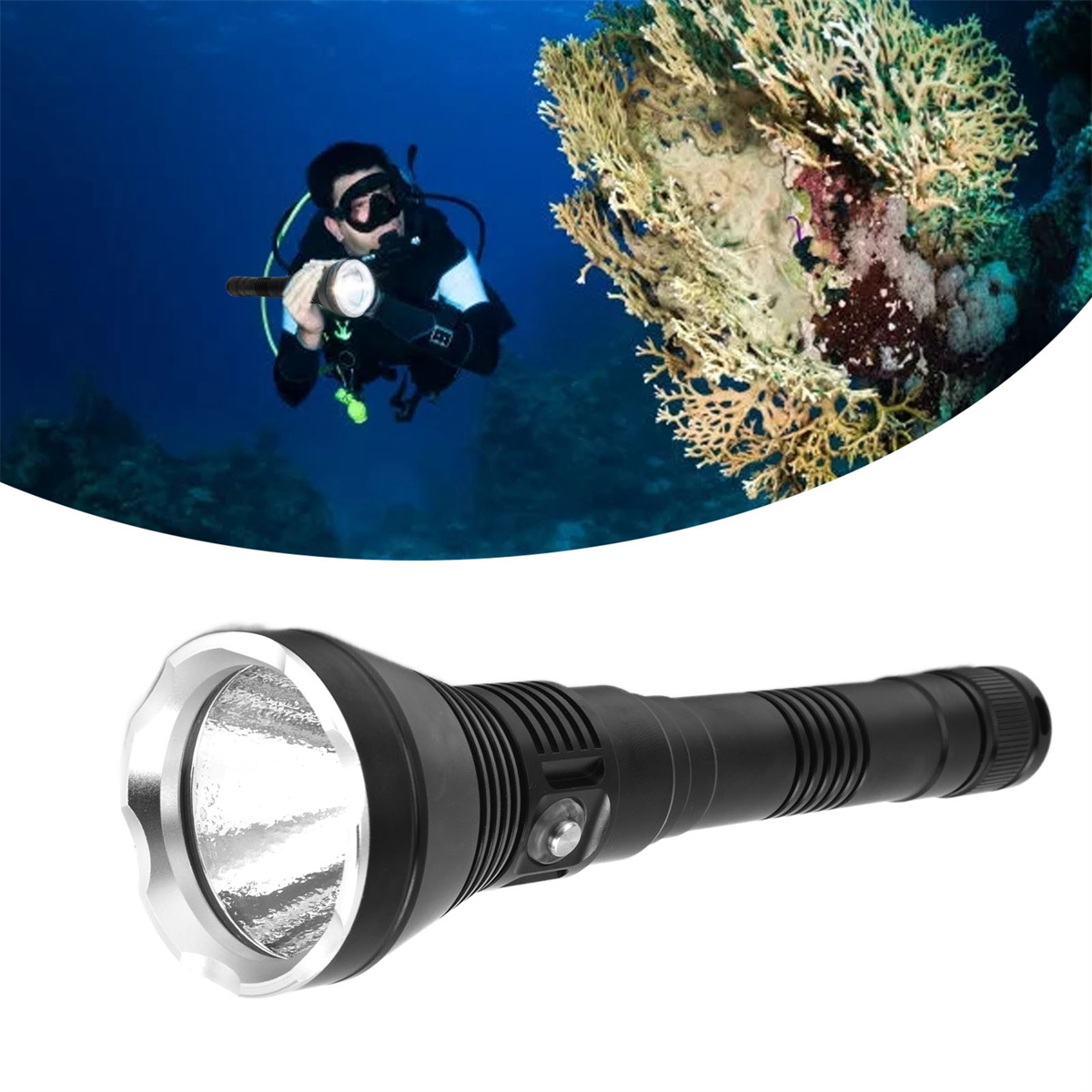 Ein Taucher mit einer Taschenlampe im Meer in der Nähe von Korallen. Die Taschenlampe ist schwarz und silber.