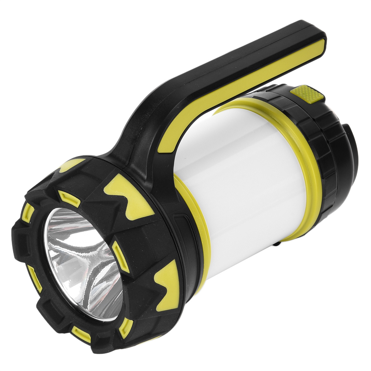 Schwarze und gelbe Taschenlampe mit Griff. Die Taschenlampe hat ein weißes Licht. Der Griff ist gelb.