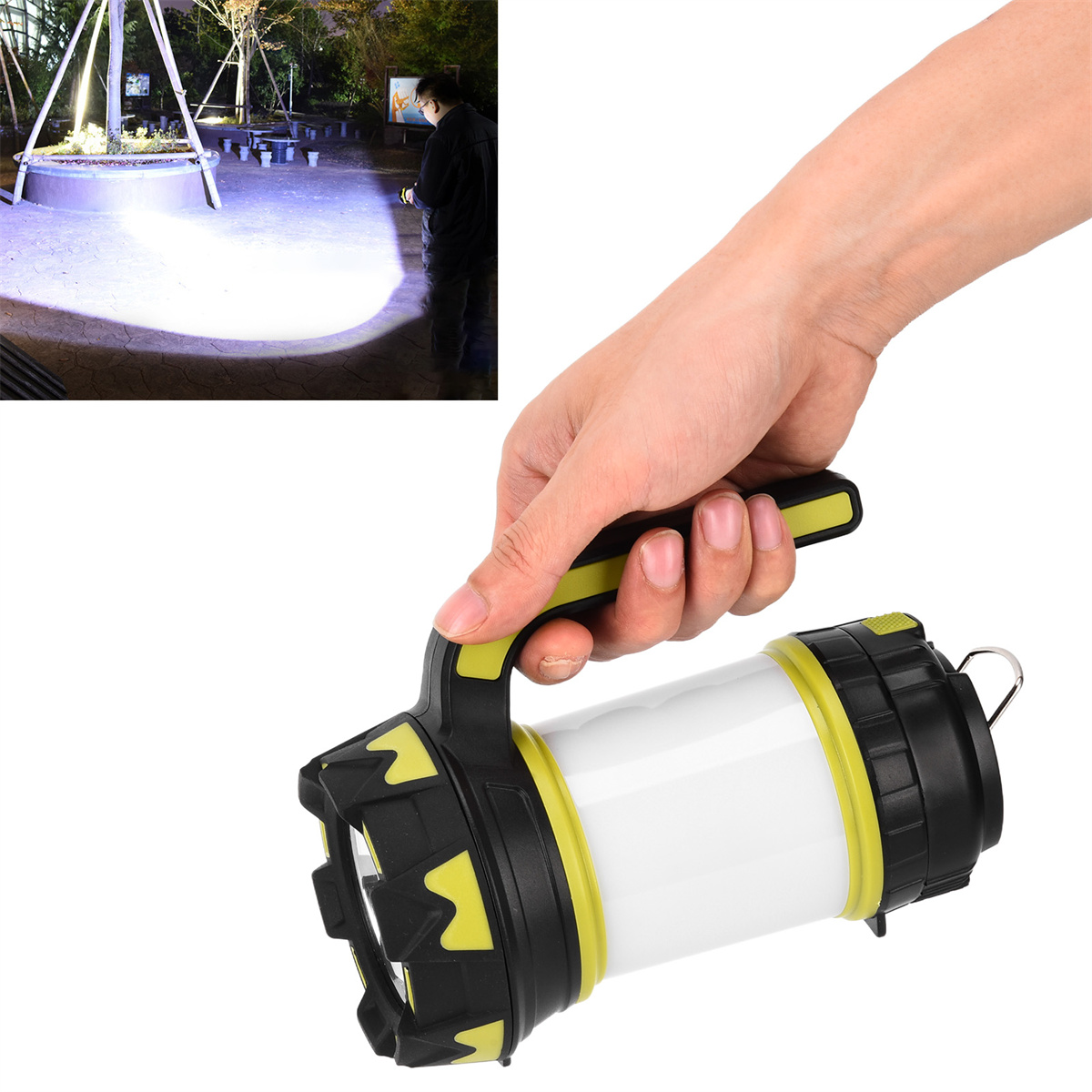Eine Hand hält eine große Taschenlampe mit weißem Licht. Eine weitere Szene zeigt eine Person, die die Taschenlampe benutzt.