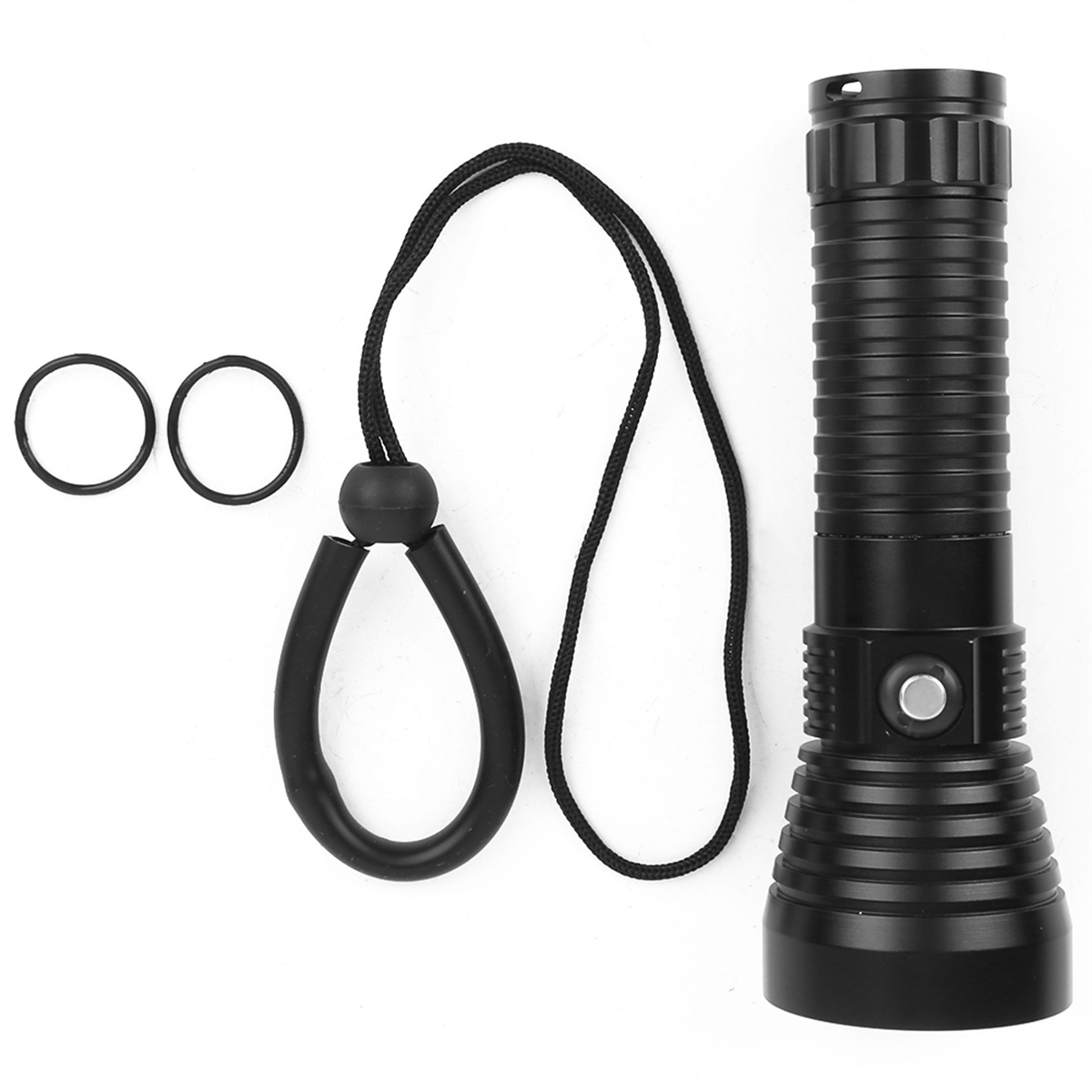 Schwarze Taschenlampe mit Handschlaufe und zwei zusätzlichen Ringen.