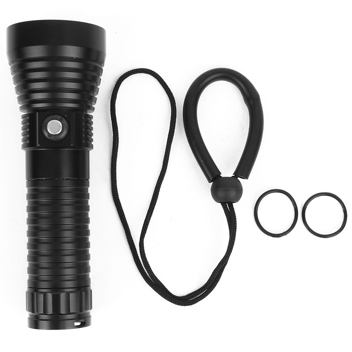 Schwarze Taschenlampe mit langem Griff und Handschlaufe. Enthält zwei schwarze Gummiringe.