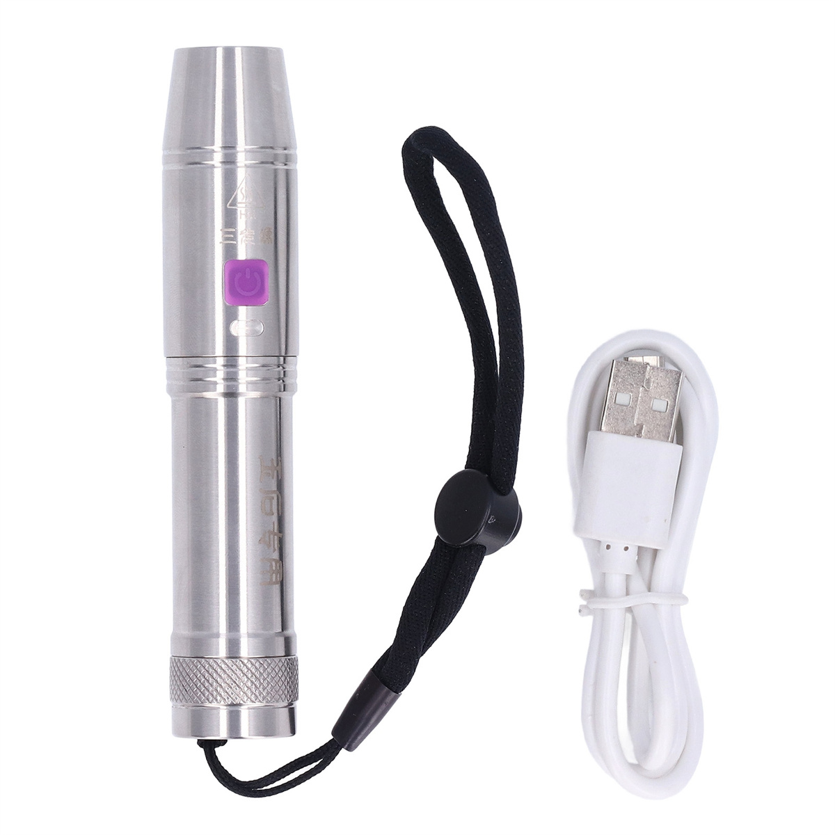 Eine silberne Taschenlampe mit lila Ein-Aus-Taste, schwarzem Riemen und weißem USB-Kabel.