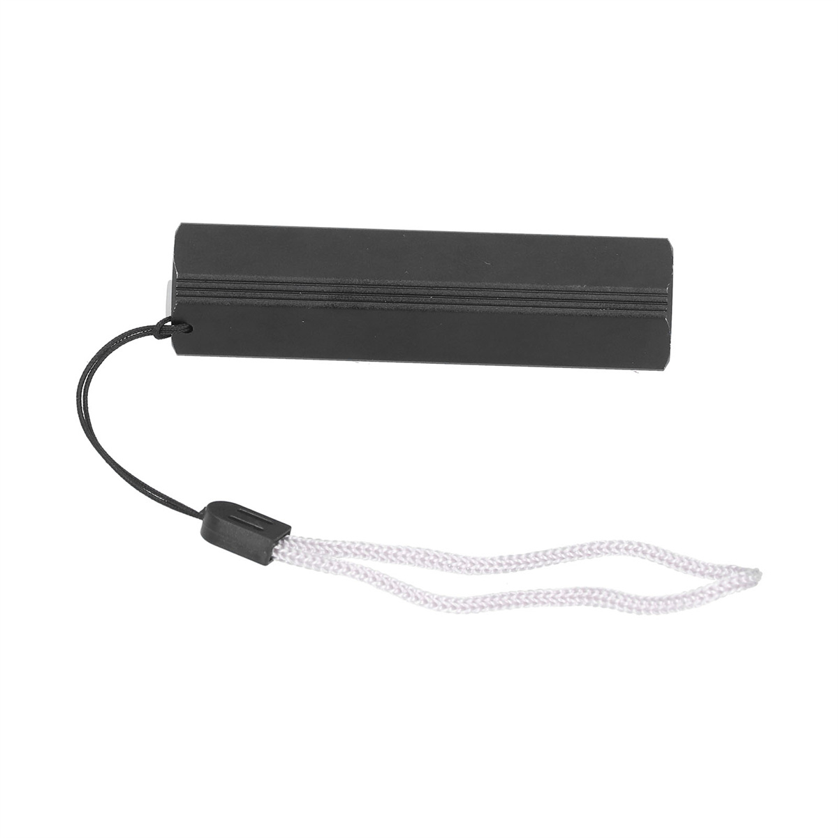 Schwarzes rechteckiges Objekt mit weißem Kabel und kleinem schwarzen Stecker. Einfaches Design.