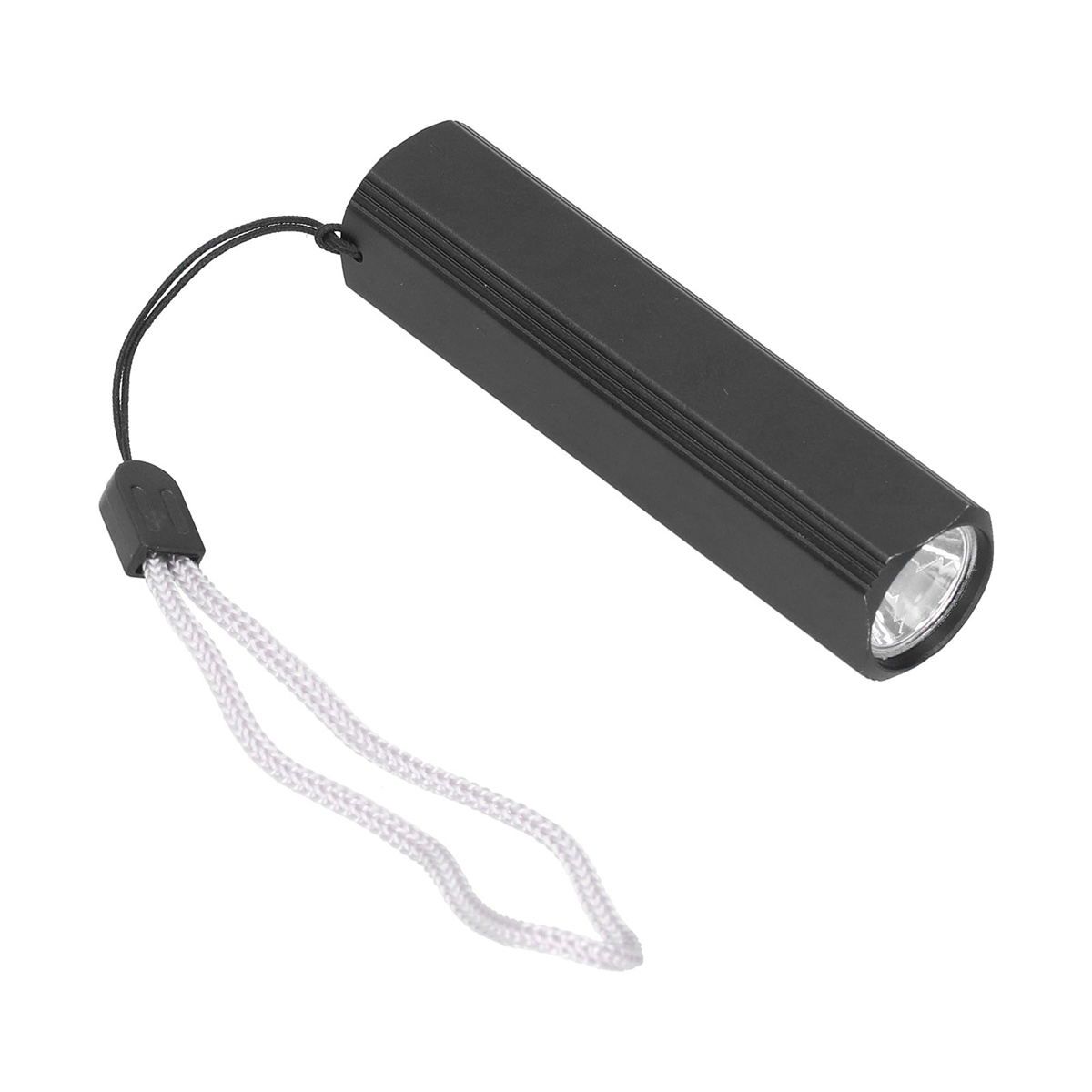 Schwarze Taschenlampe mit Band, weißer Hintergrund.