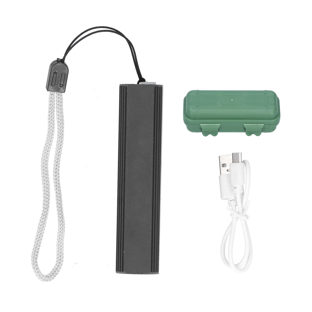 Schwarzes rechteckiges Objekt mit Schlüsselband, grünem Etui und weißem USB-Kabel.