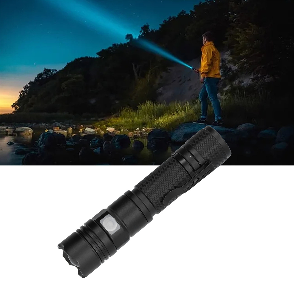 Eine Person, die eine schwarze Taschenlampe in einer dunklen Umgebung benutzt, mit einem Sternenhimmel.