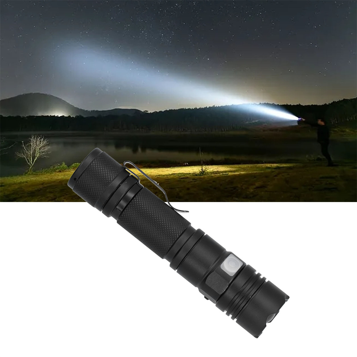 Taschenlampe, die einen Lichtstrahl im Dunkeln zeigt. Eine Person hält die Taschenlampe.