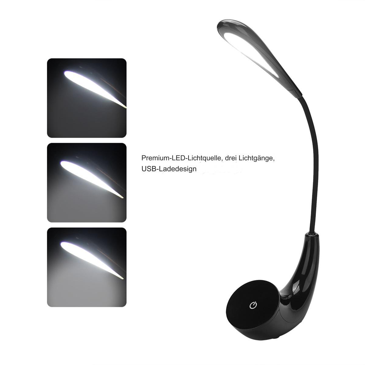 Schwarze Schreibtischlampe mit drei Lichteinstellungen und Text.