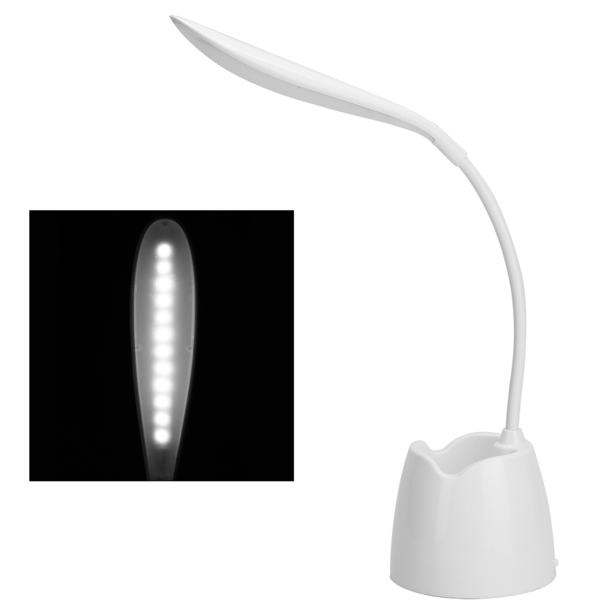 Weiße Schreibtischlampe mit flexiblem Hals. Kleiner Einsatz zeigt die Lichtquelle.