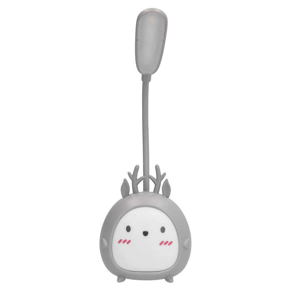 Graue Cartoon-Lampe mit ovalem Körper und geweihähnlichem Design. Weißer Hintergrund.