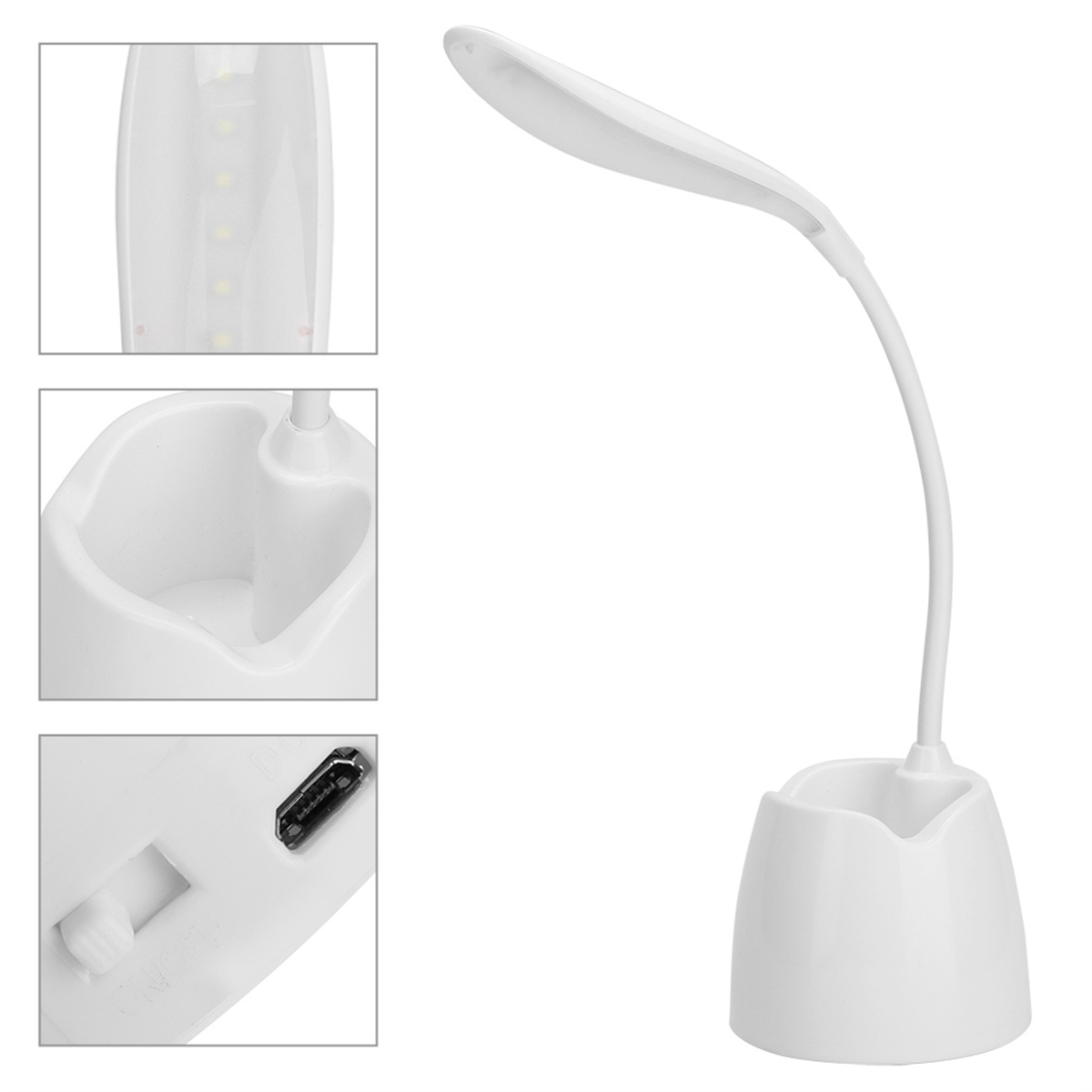 Eine weiße Schreibtischlampe mit flexiblem Hals, Stifthalter und mehreren Detailbildern.