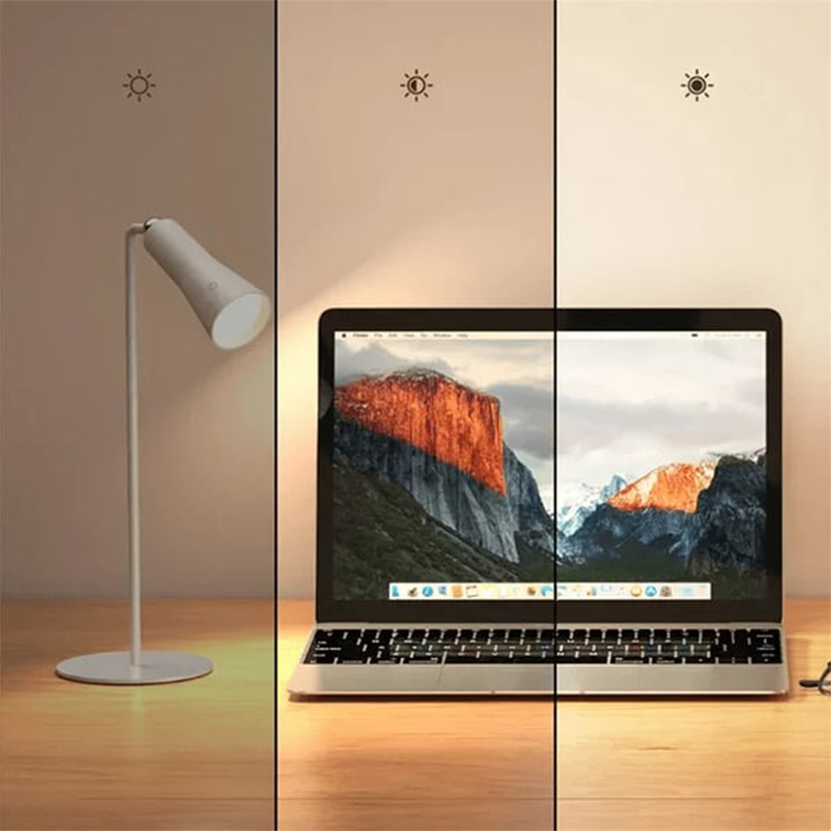 Eine Schreibtischlampe auf weißer Oberfläche. Ein Laptop mit einer Berglandschaft. Verschiedene Lichteinstellungen.