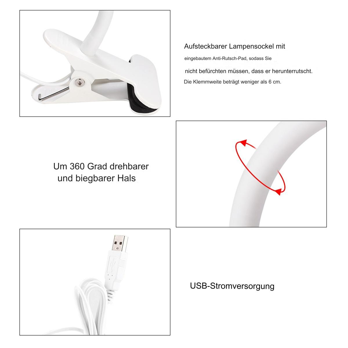 Nahaufnahmen einer weißen Schreibtischlampe mit Clip, biegsamem Hals und USB-Stromversorgung.
