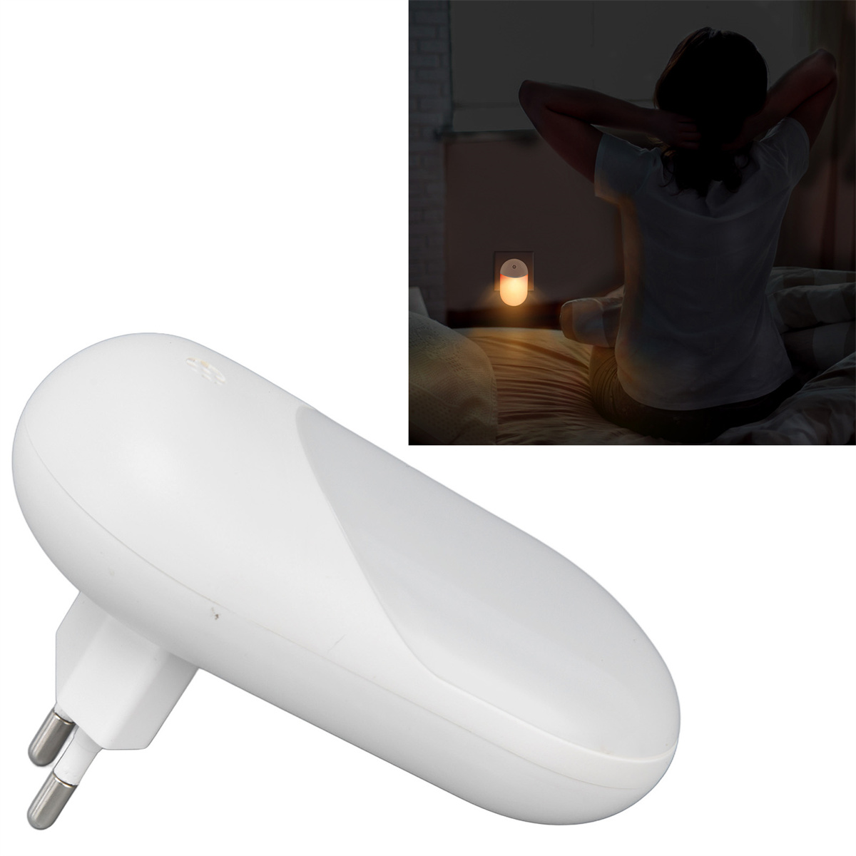 Ein weißes Nachtlicht, das in eine Steckdose gesteckt wird, mit einem Bild einer Person im Bett und der Lampe.