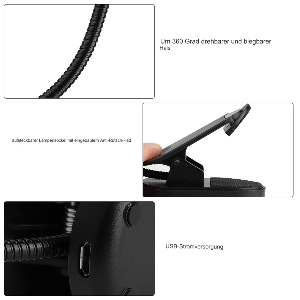 Nahaufnahme einer flexiblen Lampe, die den Schwanenhals, den USB-Anschluss und eine Klammer zeigt.
