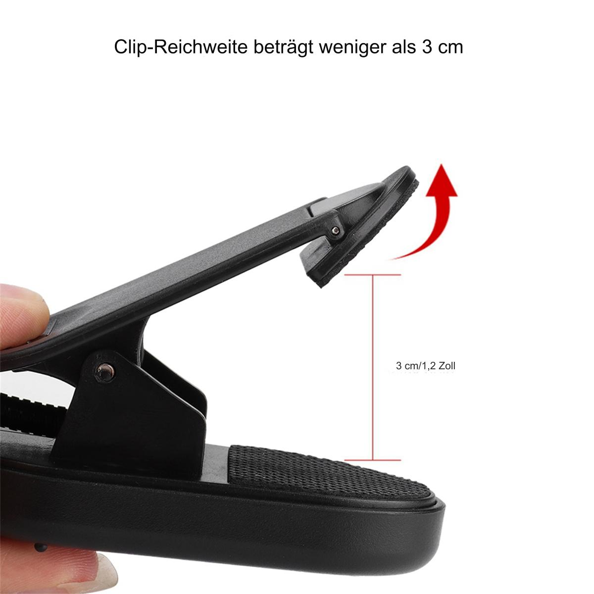 Schwarzer Clip. Text zeigt 3cm Reichweite. Pfeil zeigt Öffnungsrichtung.