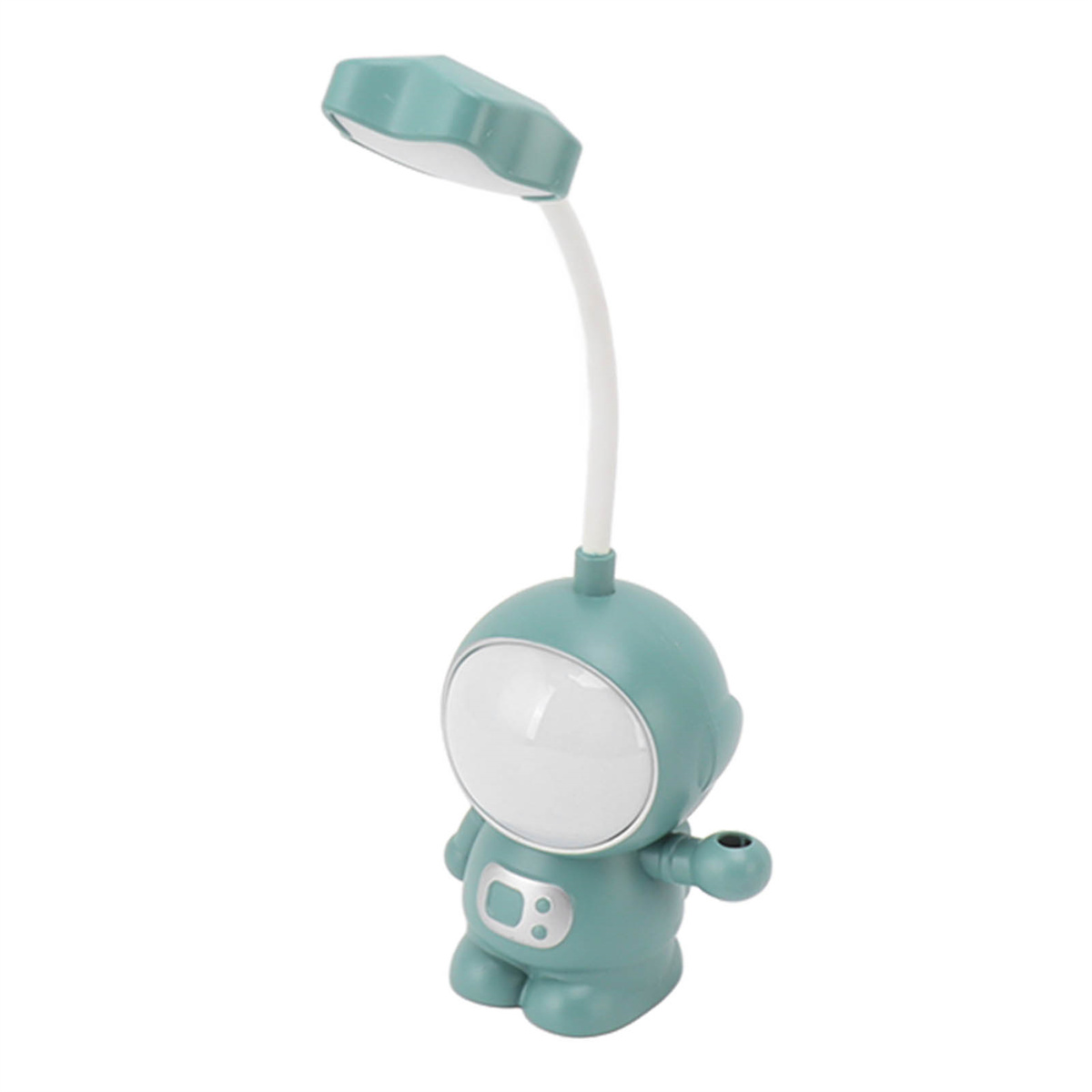 Grüne Astronautenlampe mit verstellbarem Licht. Weißer Hintergrund.