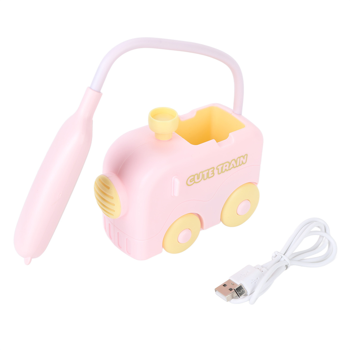Pinke Zuglampe mit flexiblem Arm und USB-Kabel. Gelbe Räder und Details.