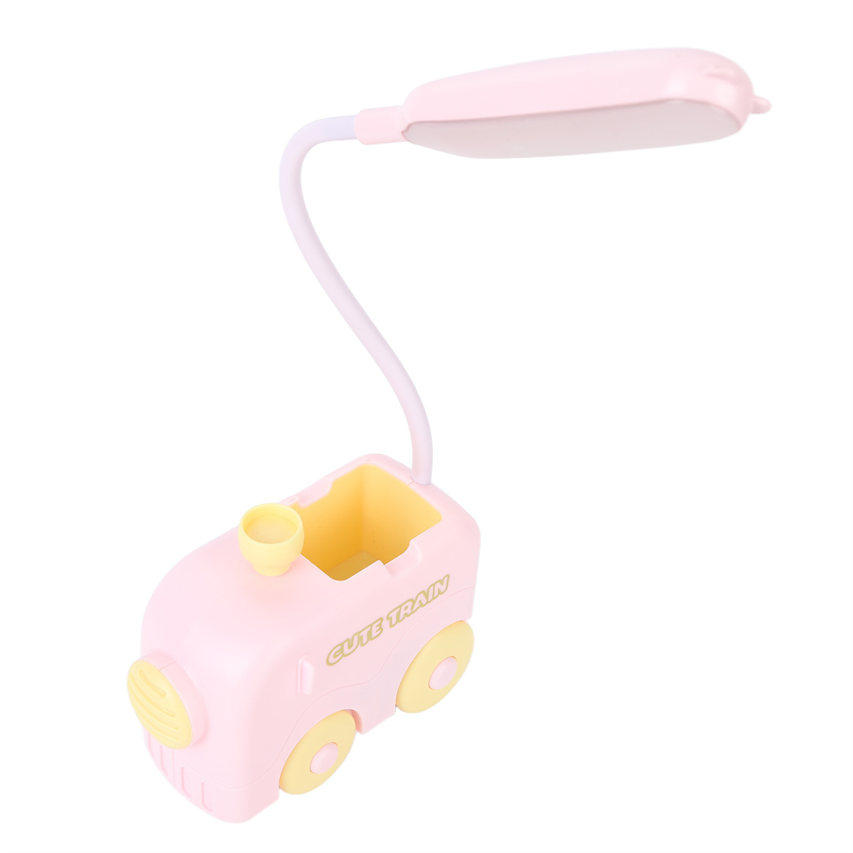 Rosa Schreibtischlampe in Zugform mit flexiblem Hals. Sie hat einen gelben Innenraum und Räder.