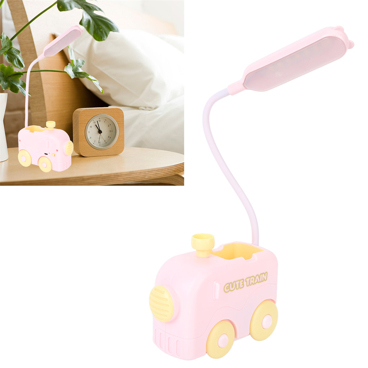 Rosa zugförmige Lampe mit flexiblem Hals und Holzuhr im Hintergrund.