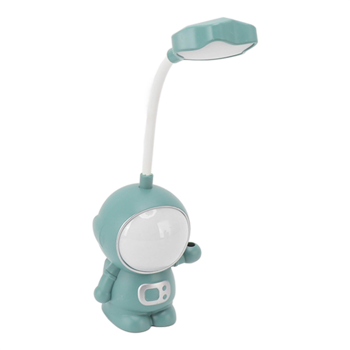 Eine teal-farbene, astronautenförmige Schreibtischlampe mit flexiblem Hals und weißem Lichtpanel.