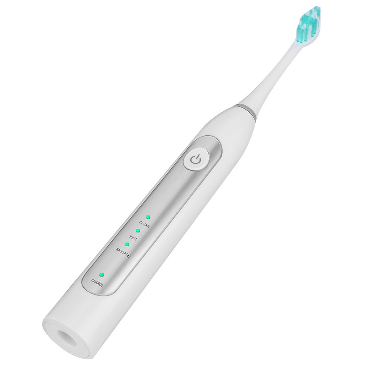 Eine weiße elektrische Zahnbürste mit einem grünen Borstenkopf. Es hat einen Ein-/Ausschalter und LEDs.