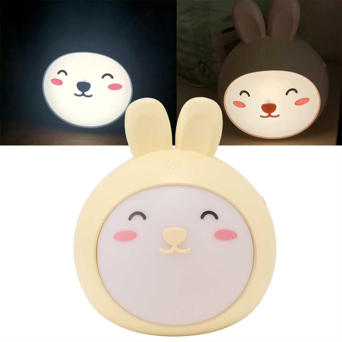 Drei Hasenlampen mit lächelndem Gesicht. Es gibt weiße und gelbe Variationen auf weißem Hintergrund.