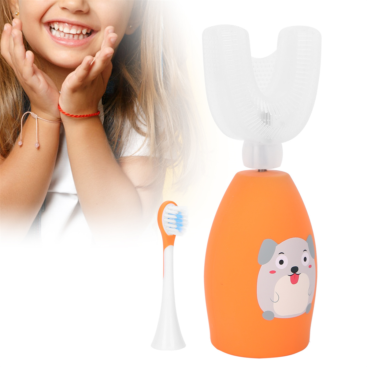 Kinderzähne und eine Zahnbürste mit hundeförmiger Basis. Die Zahnbürste ist orange.