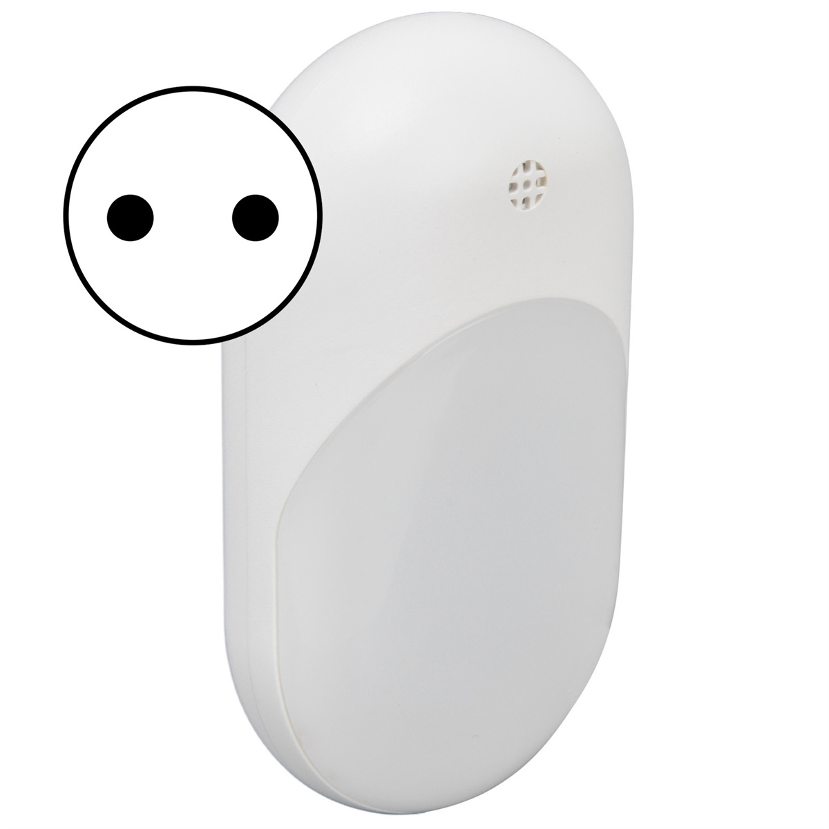 Ein weißer Wandstecker mit kleinem Licht. Ein Diagramm der Steckdose ist oben links.