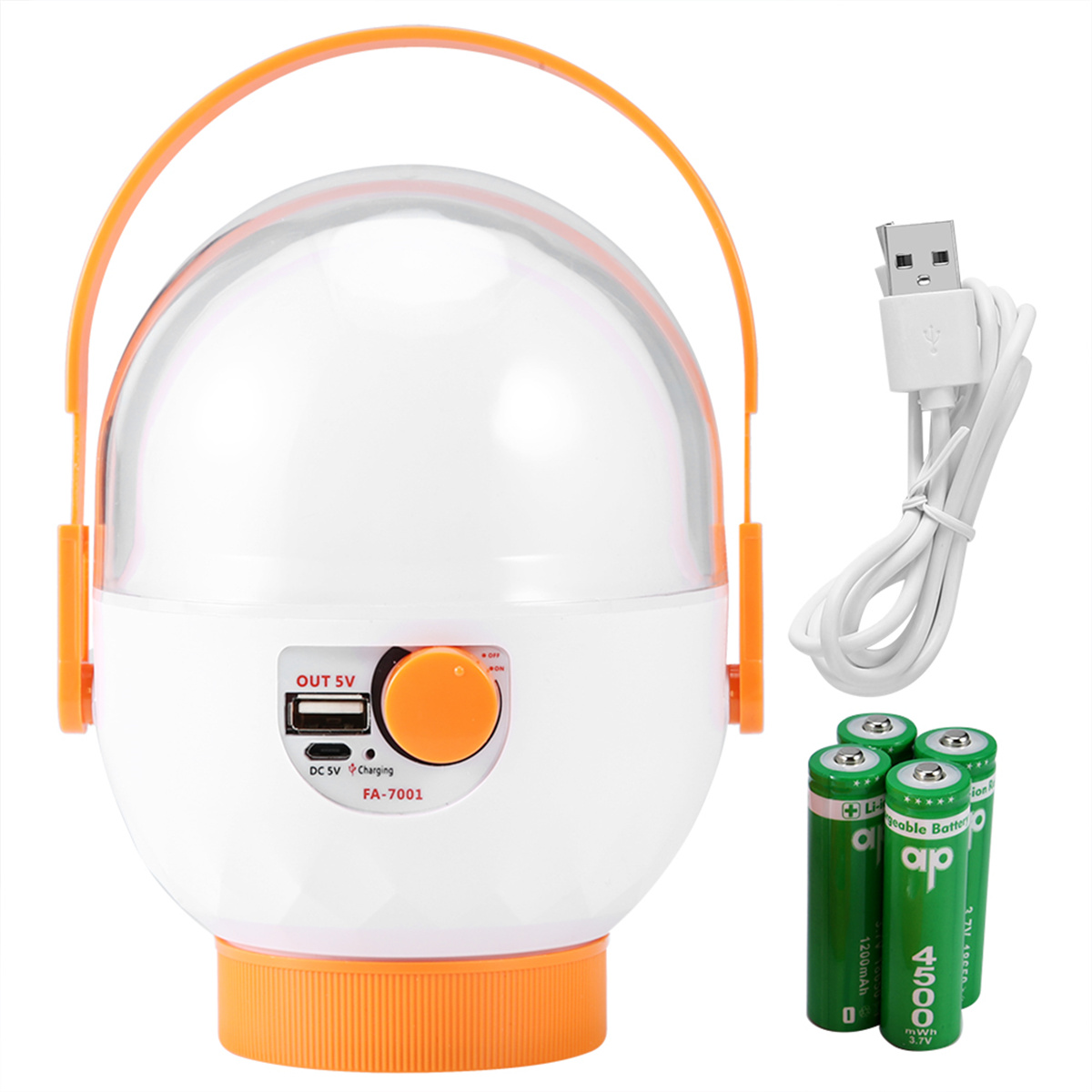 Weiße und orangefarbene Laterne mit Griff, Batterien und USB-Kabel.