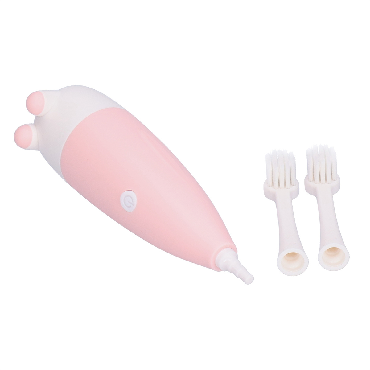Elektrische Zahnbürste in Rosa und Weiß mit zwei Bürstenköpfen.