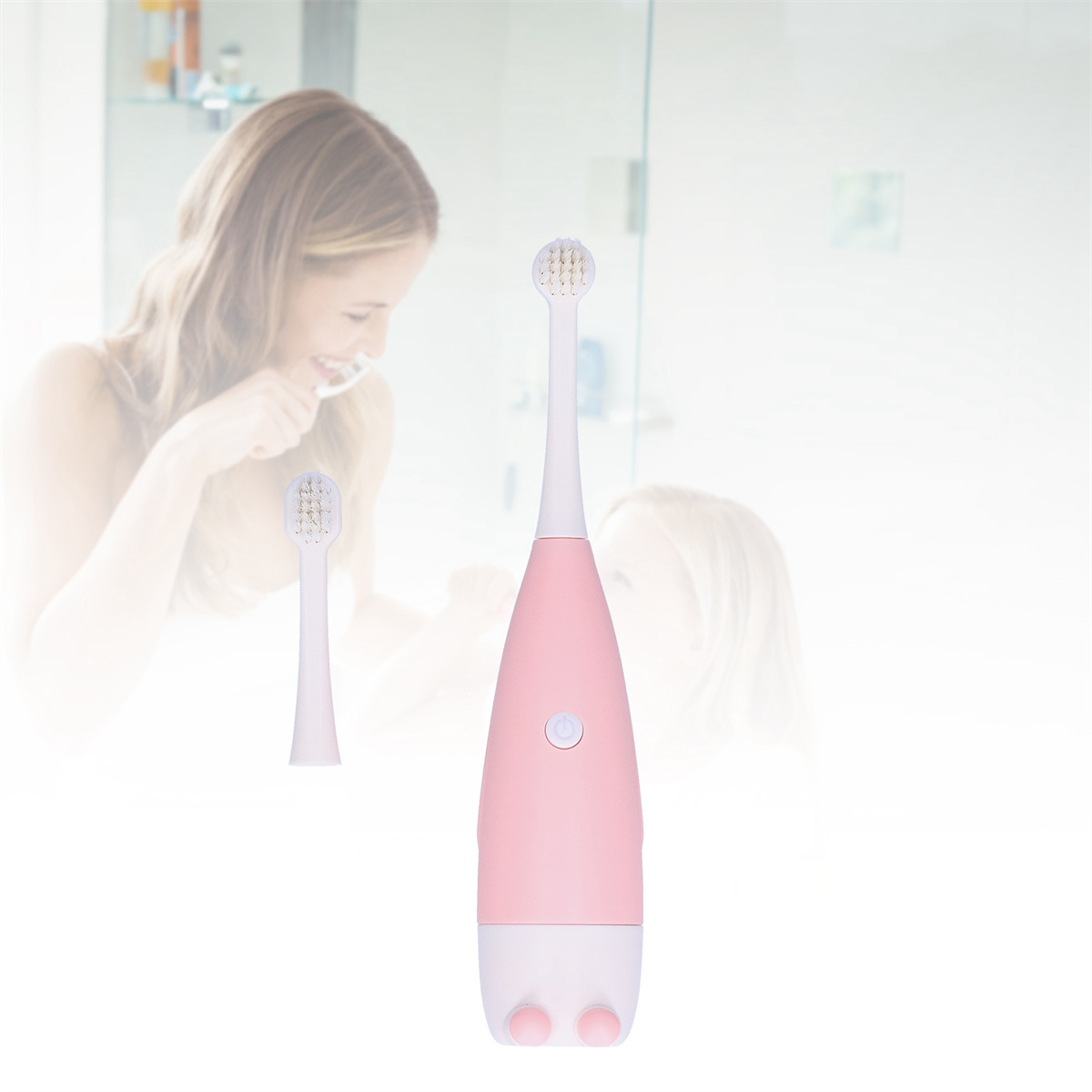 Elektrische Zahnbürste in Pink und Weiß, mit einer Frau im Hintergrund beim Zähneputzen.