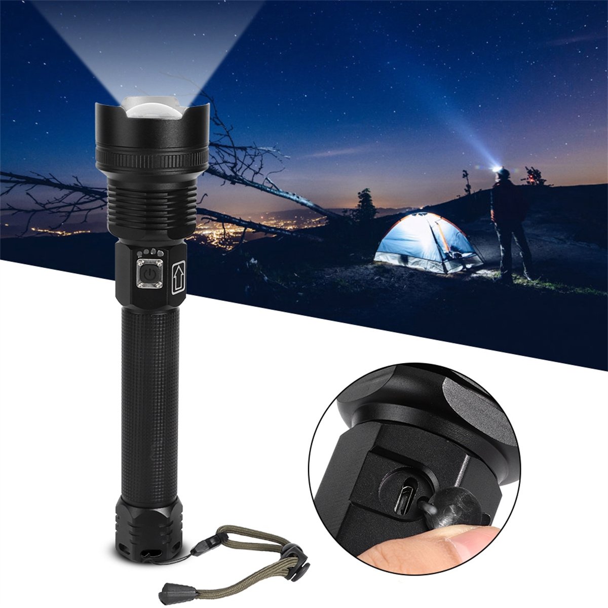 Schwarze Taschenlampe, die einen hellen Strahl aussendet. Hintergrund zeigt ein Zelt und eine Sternennacht.