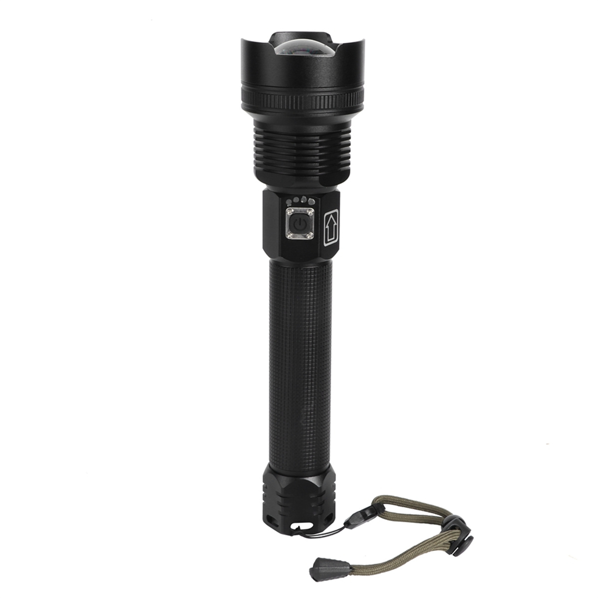 Schwarze Taschenlampe mit strukturiertem Griff und grünem Handgelenkband. Das Licht ist an.
