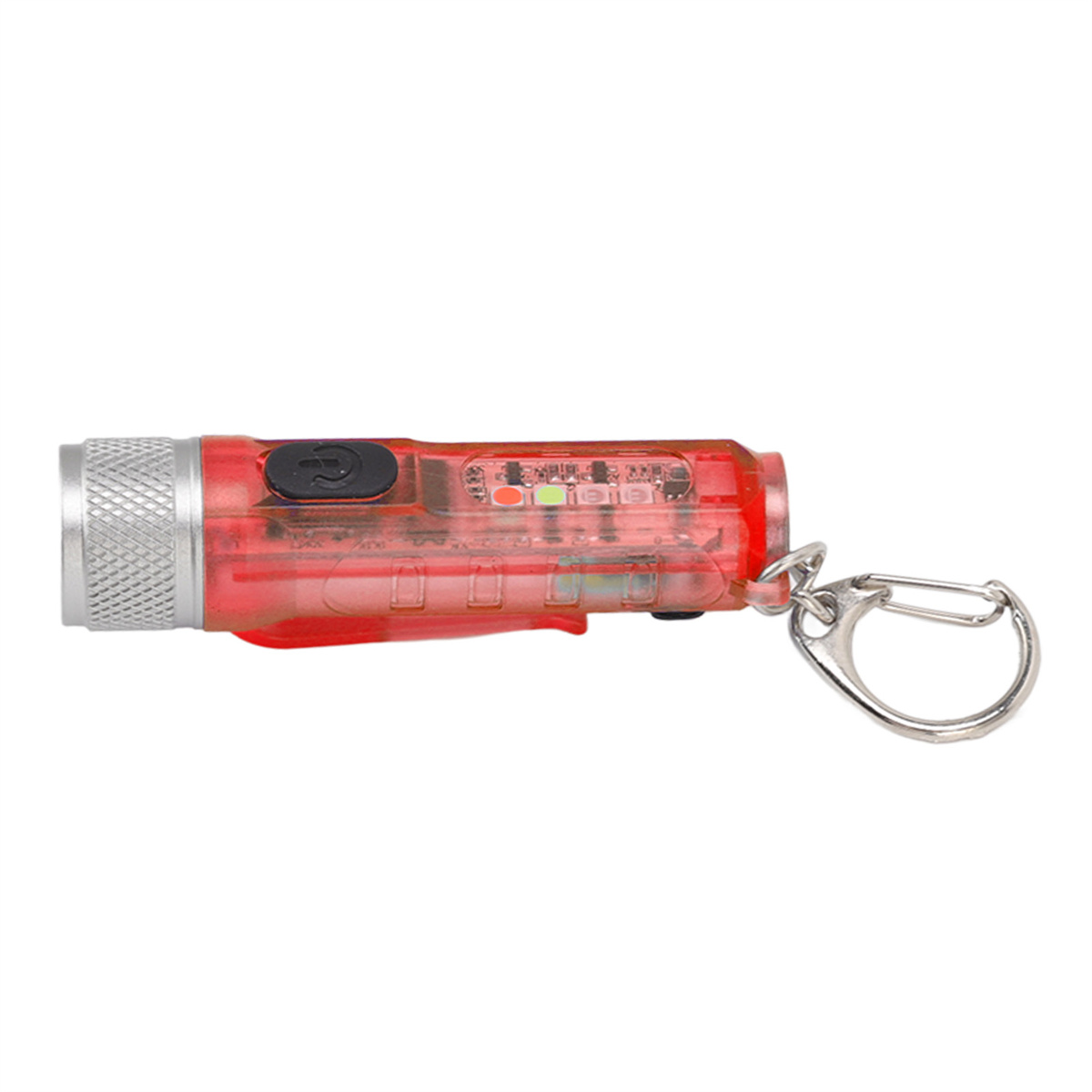 Rote Taschenlampe, Schlüsselanhänger, Metallende. Weißer Hintergrund.